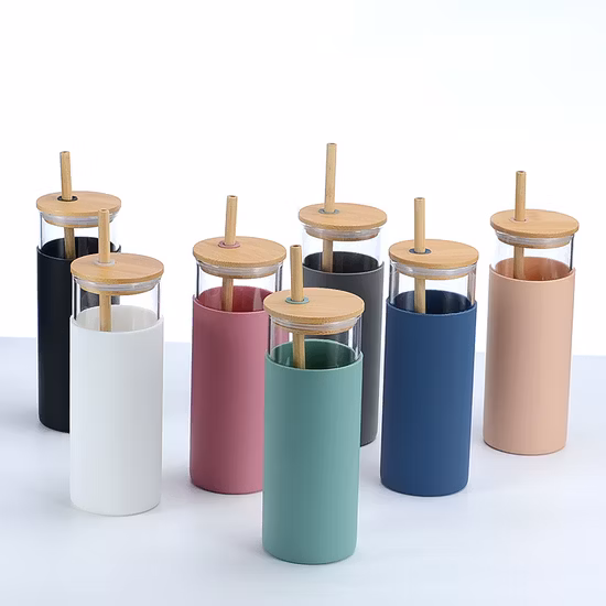 18oz Glass Tumbler with Bamboo Lid Silicone Sleeve Glass Water Bottle